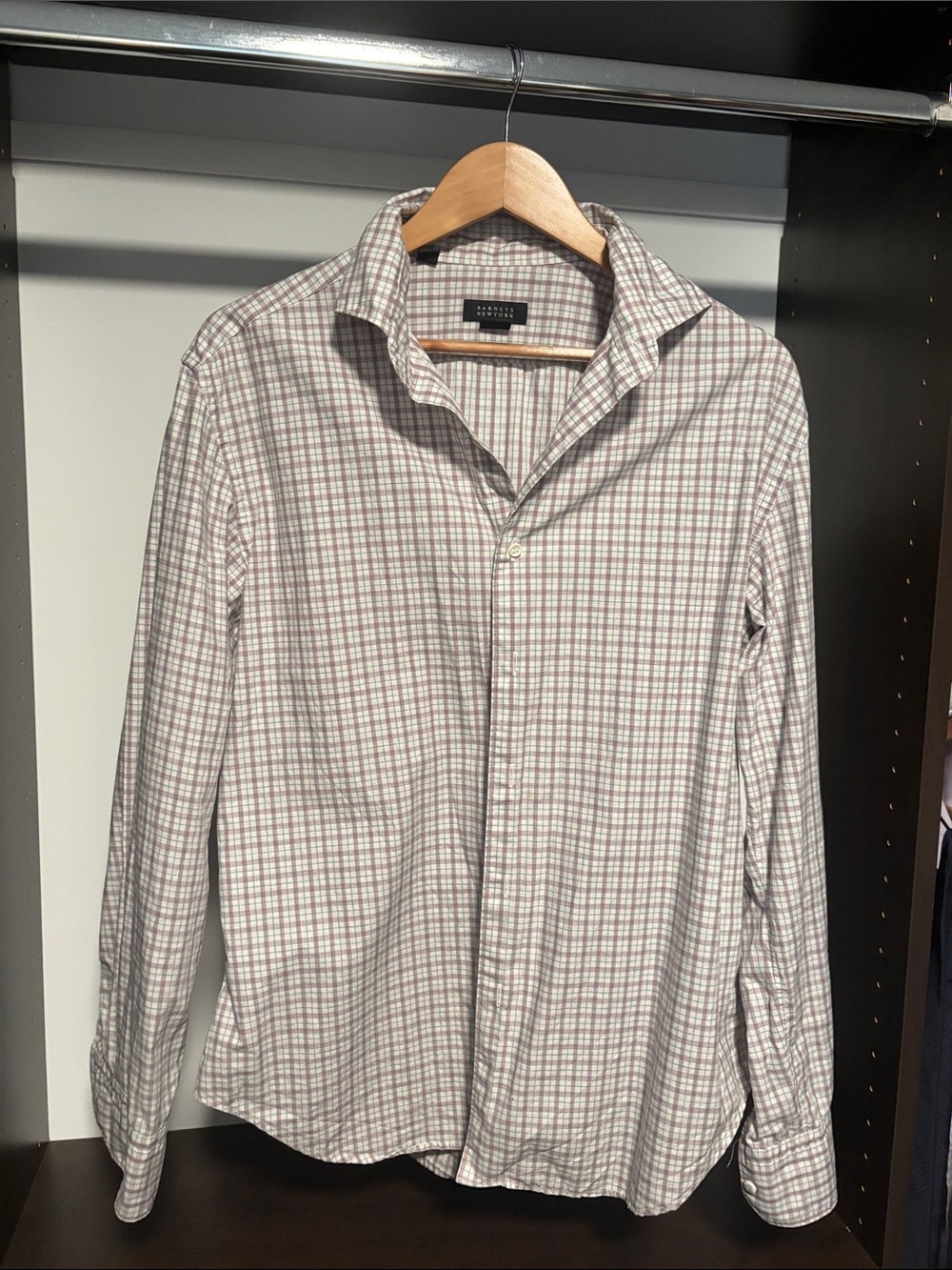 Barney’s New York Men’s White Shirt with Gray and Soft Red Windowpane Plaid